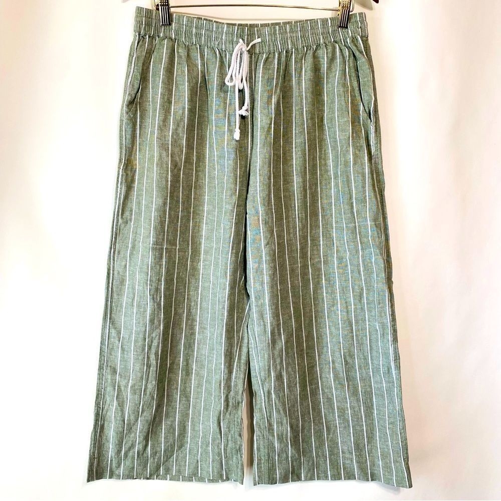 Beach Lunch Lounge Womens Green And White Striped Linen Pants Size M